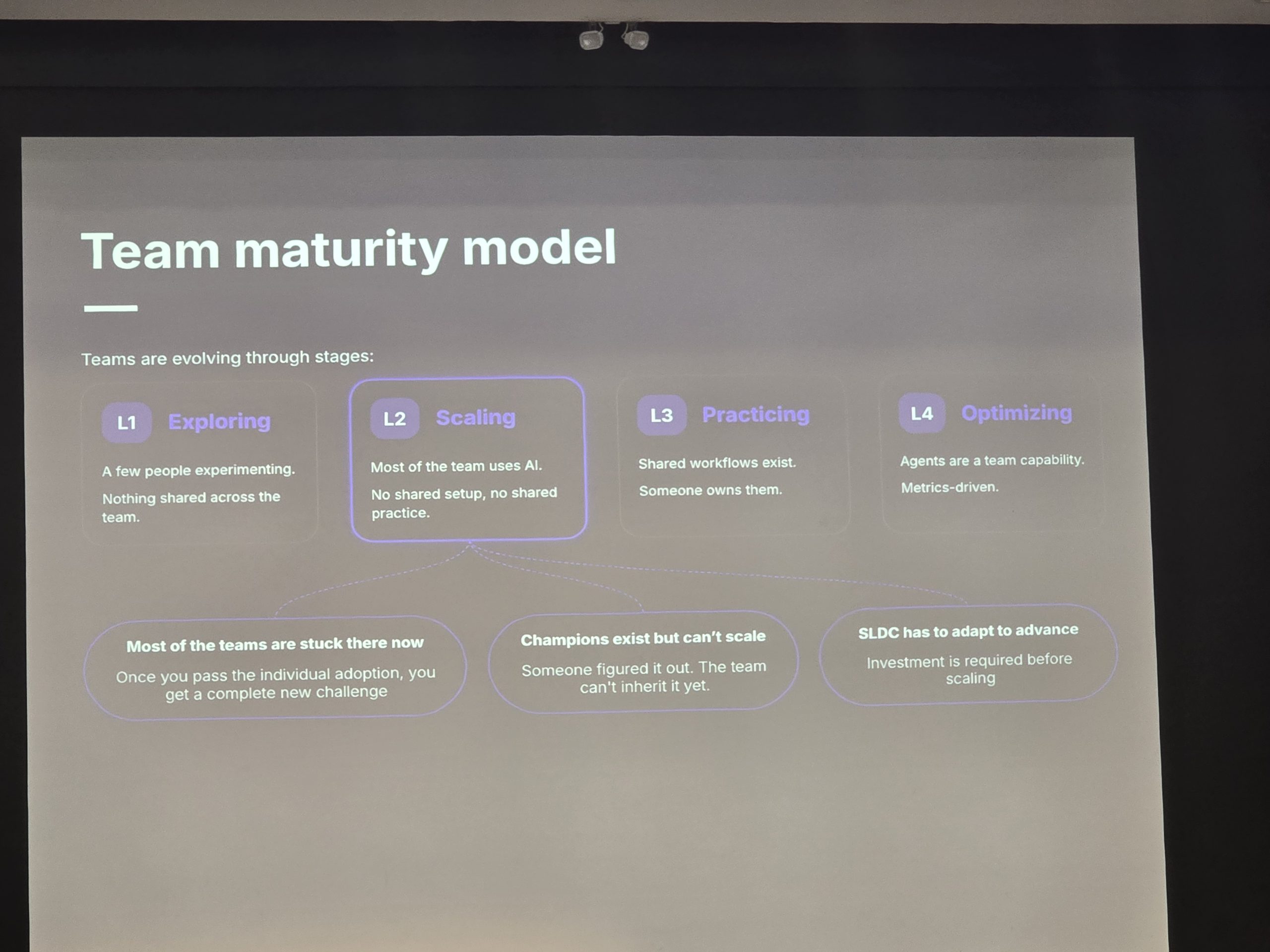 Nik's team maturity model: L1 Exploring, L2 Scaling, L3 Practicing, L4 Optimizing — with most teams stuck at L2.